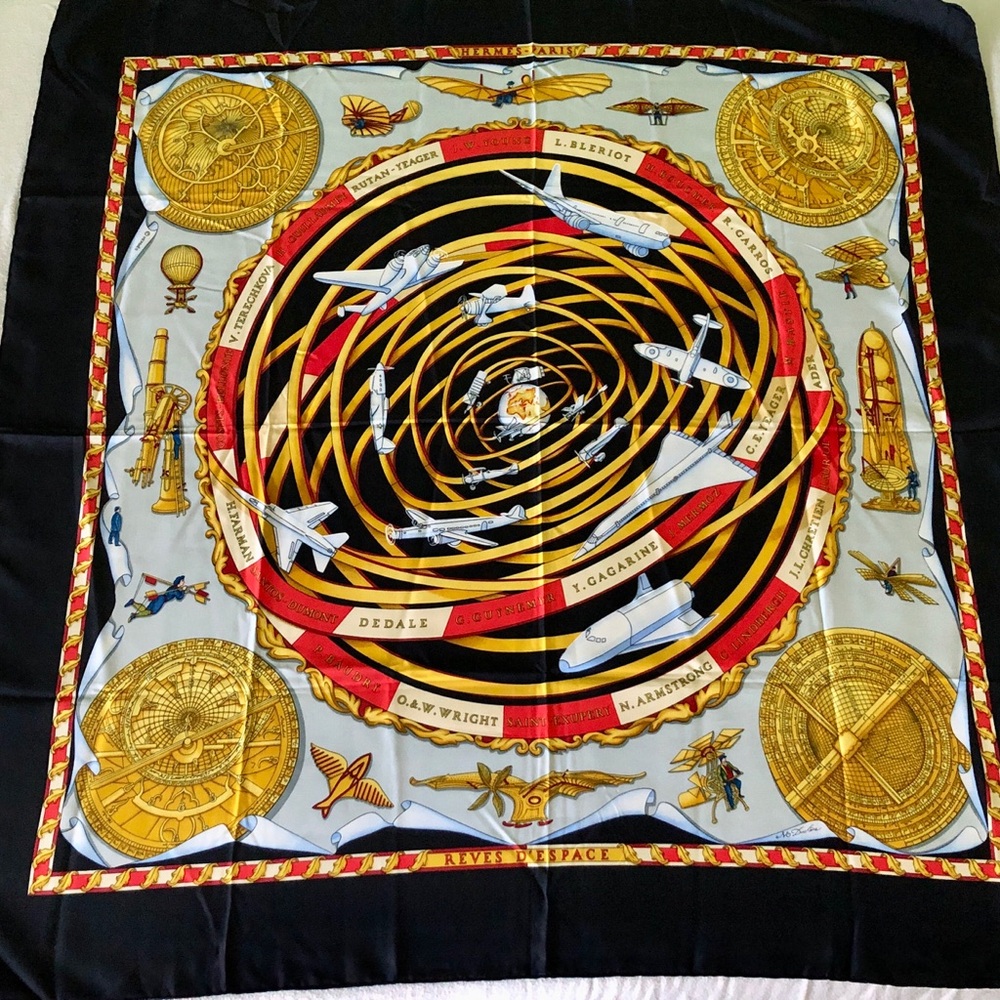 Aviation Themed Vintage Hermès Silk Scarf 90cm Rêves d'Espace